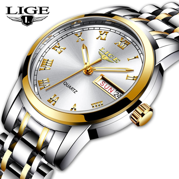 Lige Luxury Waterproof Rose Gold Steel Strap Wrist Watch