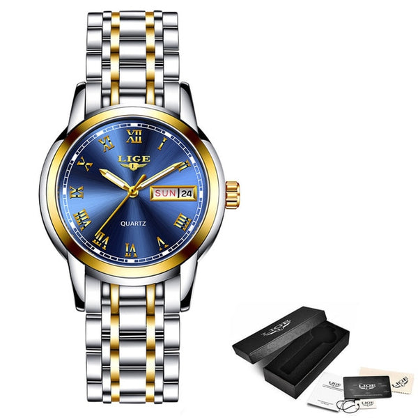 Lige Luxury Waterproof Rose Gold Steel Strap Wrist Watch