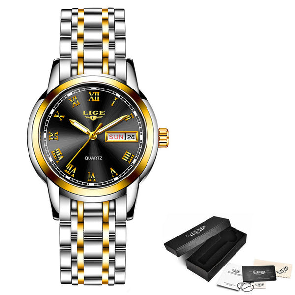 Lige Luxury Waterproof Rose Gold Steel Strap Wrist Watch