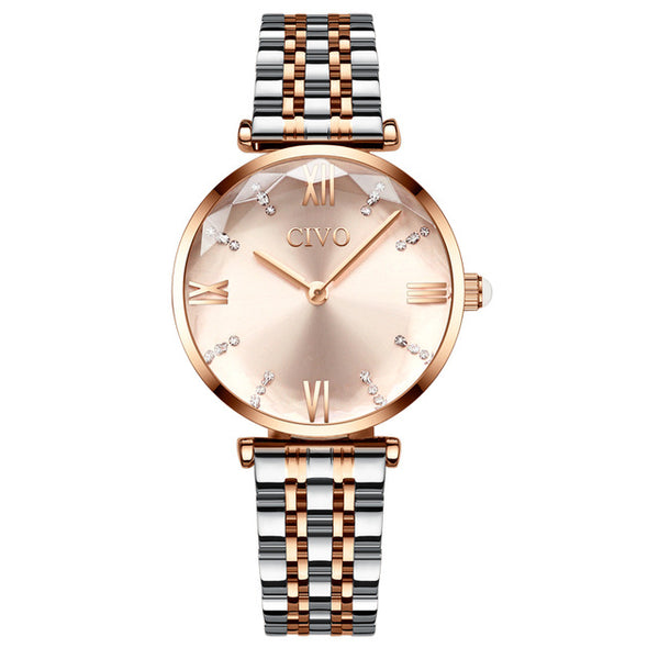 CIVO Luxury Crystal Waterproof Rose Gold Steel Strap Ladies Wrist Watch