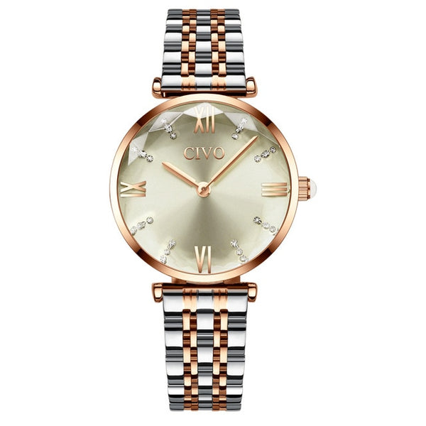 CIVO Luxury Crystal Waterproof Rose Gold Steel Strap Ladies Wrist Watch