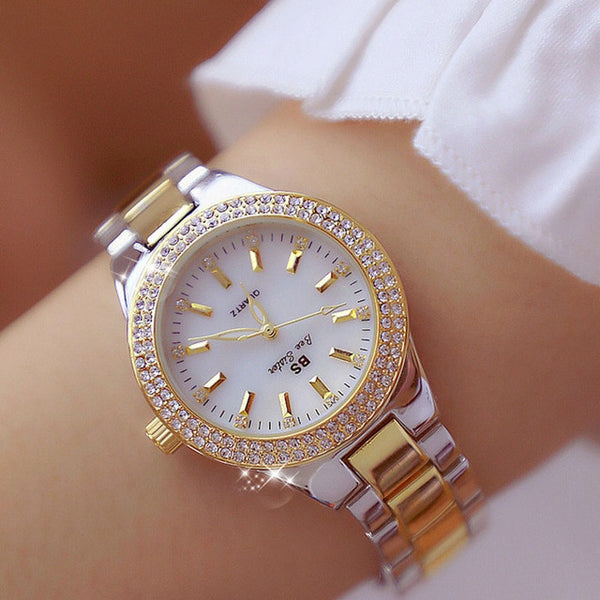 Gold Crystal Diamond Stainless Steel Silver Clock Women Watch