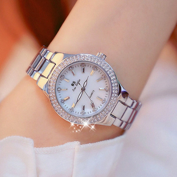 Gold Crystal Diamond Stainless Steel Silver Clock Women Watch