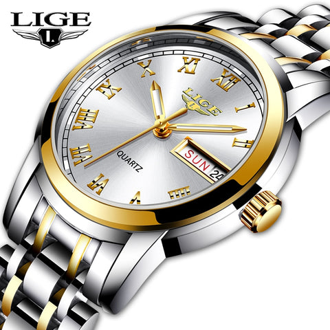 Lige Luxury Waterproof Rose Gold Steel Strap Wrist Watch