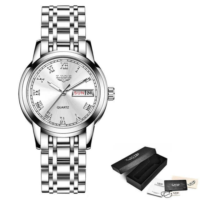 Lige Luxury Waterproof Rose Gold Steel Strap Wrist Watch