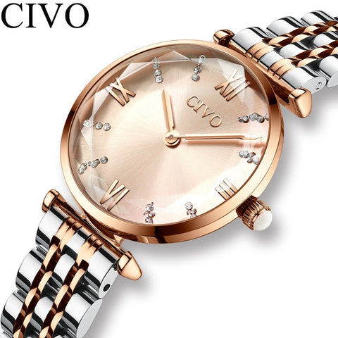 CIVO Luxury Crystal Waterproof Rose Gold Steel Strap Ladies Wrist Watch